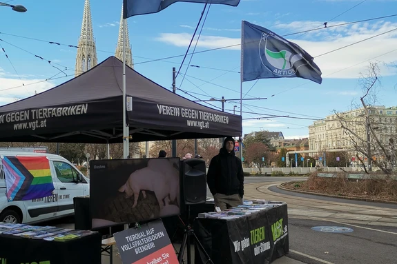 Ein VGT-Infostand in Wien mit Tisch, Flyern, Bildschirm und Schildern.